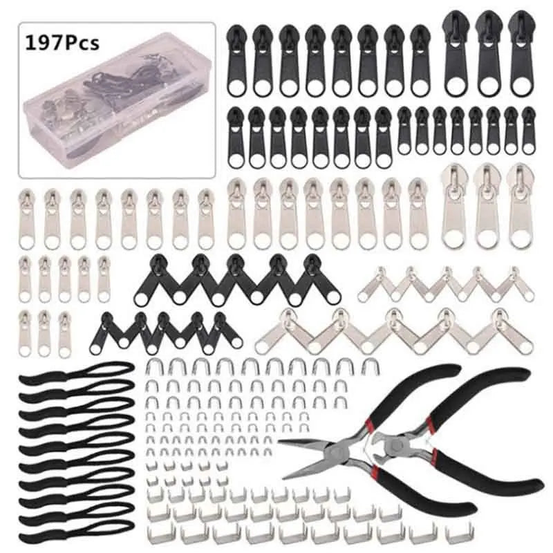 A collection of zipper repair components including sliders, hooks, and other parts for universal zipper repair.