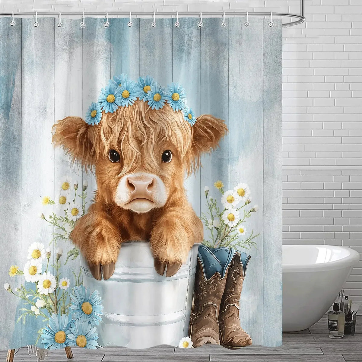 A fluffy brown Highland calf head surrounded by blue and white flowers, set against a rustic farmhouse shower curtain backdro