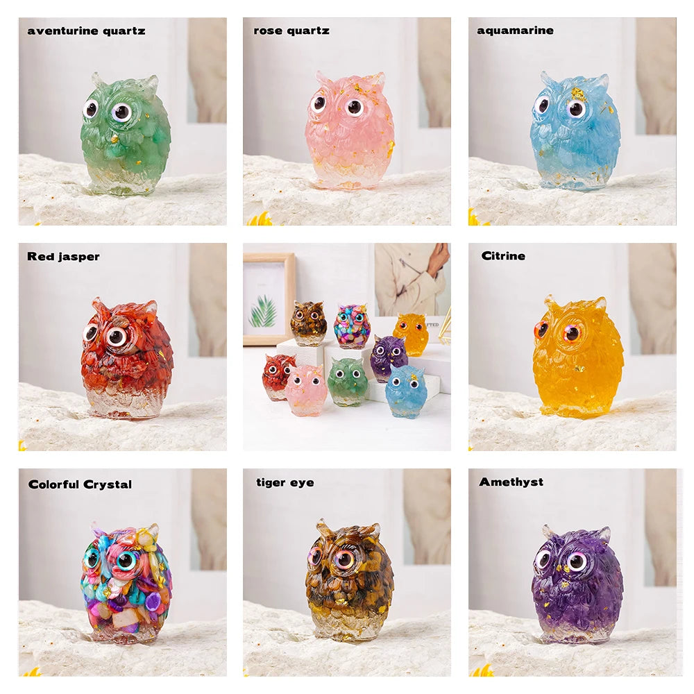 A collection of handcrafted crystal owl figurines in various colors including aventurine quartz, rose quartz, aquamarine, red