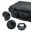 Black rugged waterproof hard case with customizable foam insert showing various features and components.