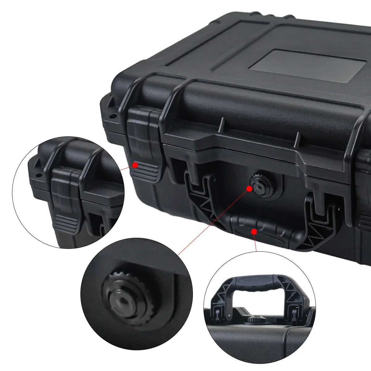 Black rugged waterproof hard case with customizable foam insert showing various features and components.