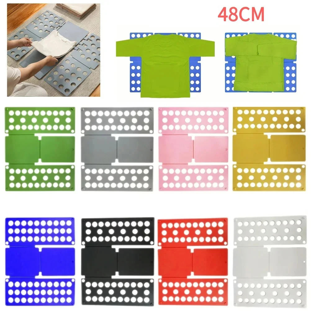 A set of plastic clothes folding boards in various colors and sizes for folding shirts and t-shirts.
