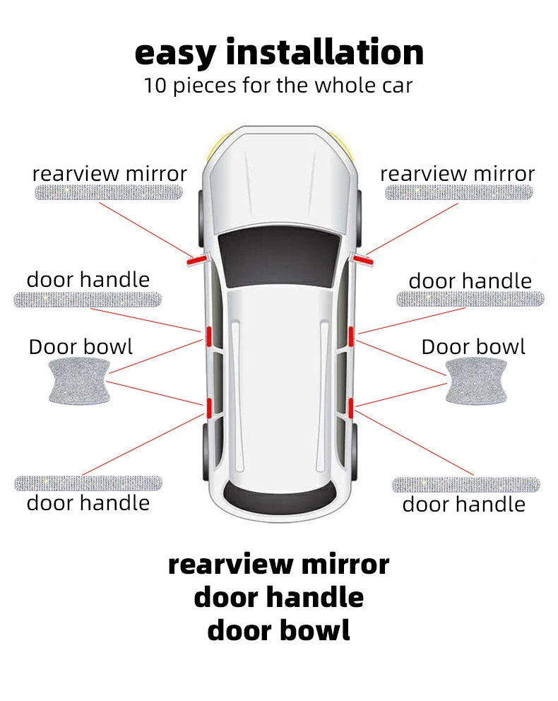 A set of 10 pieces of scratch protection stickers for car door handles, bowls, and rearview mirrors.