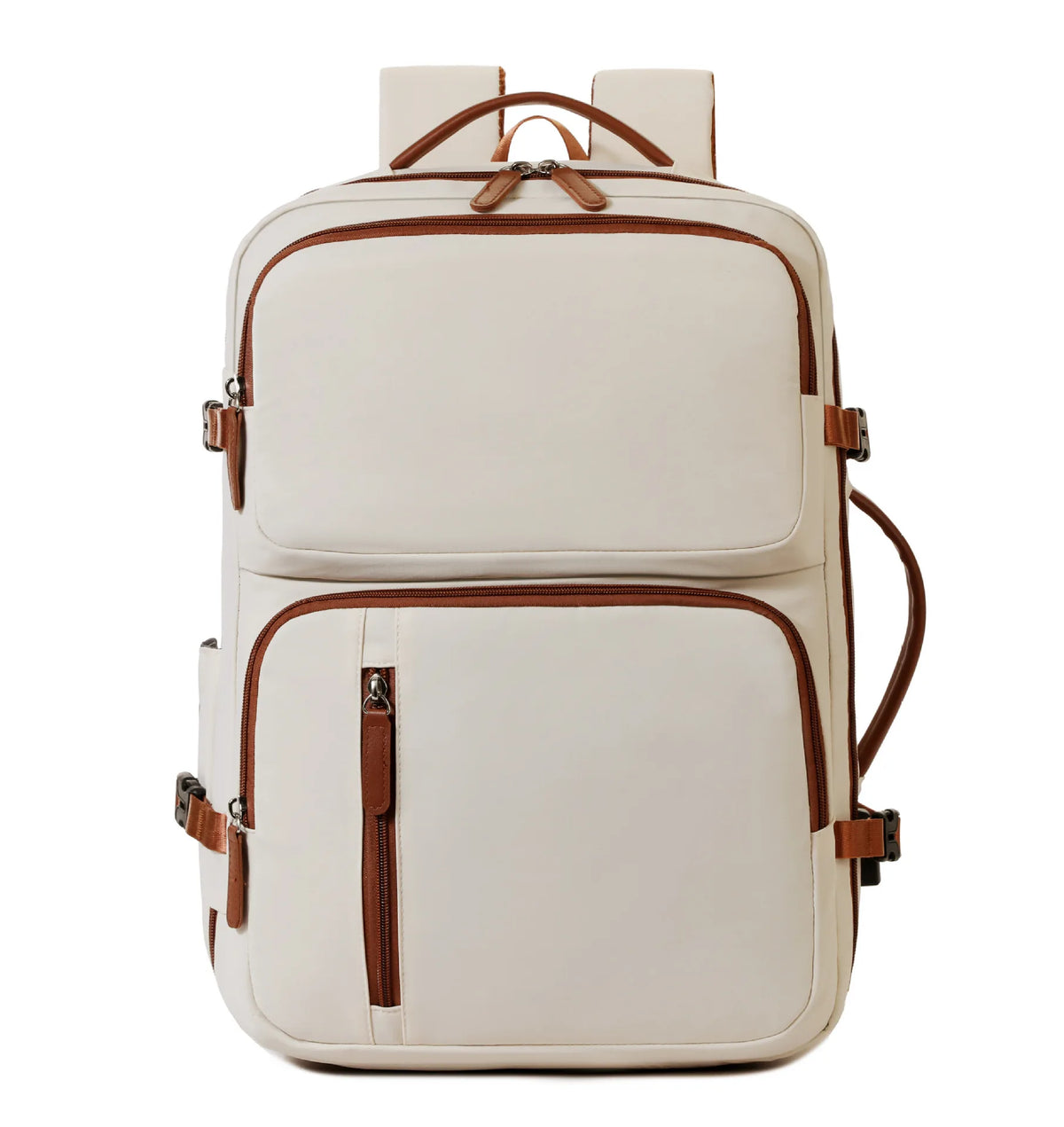 A cream-colored expandable business travel backpack with brown leather accents.