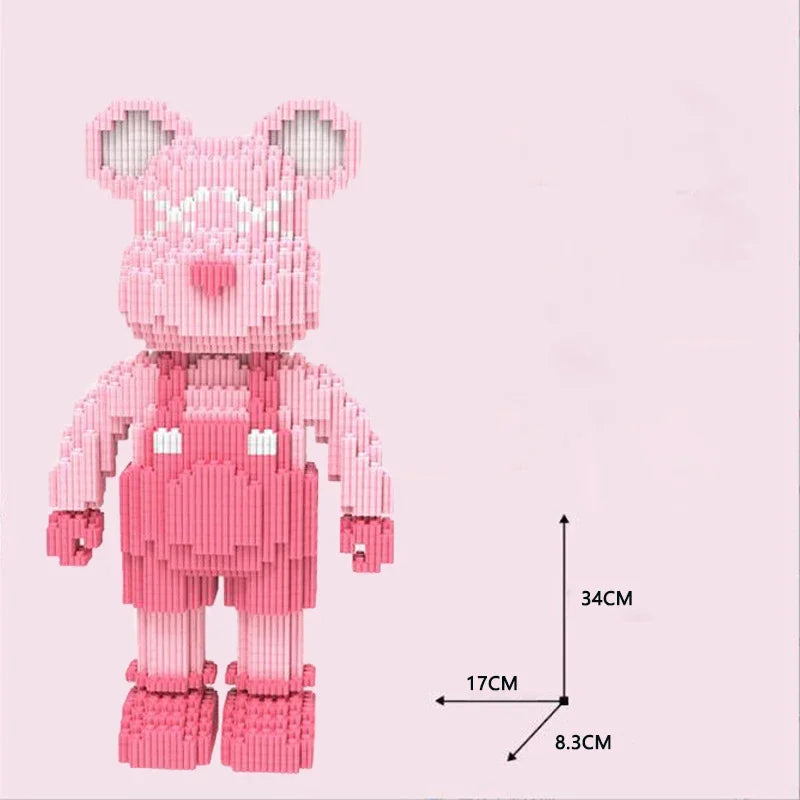 A pink mini angry bear building block set with white accents shown from the front.