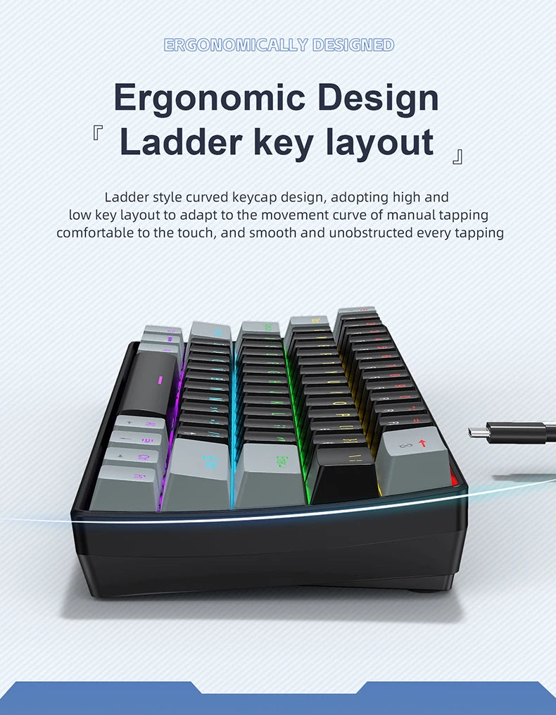 Ergonomic design layout of a mini 61-key wired mechanical keyboard with curved keycaps.