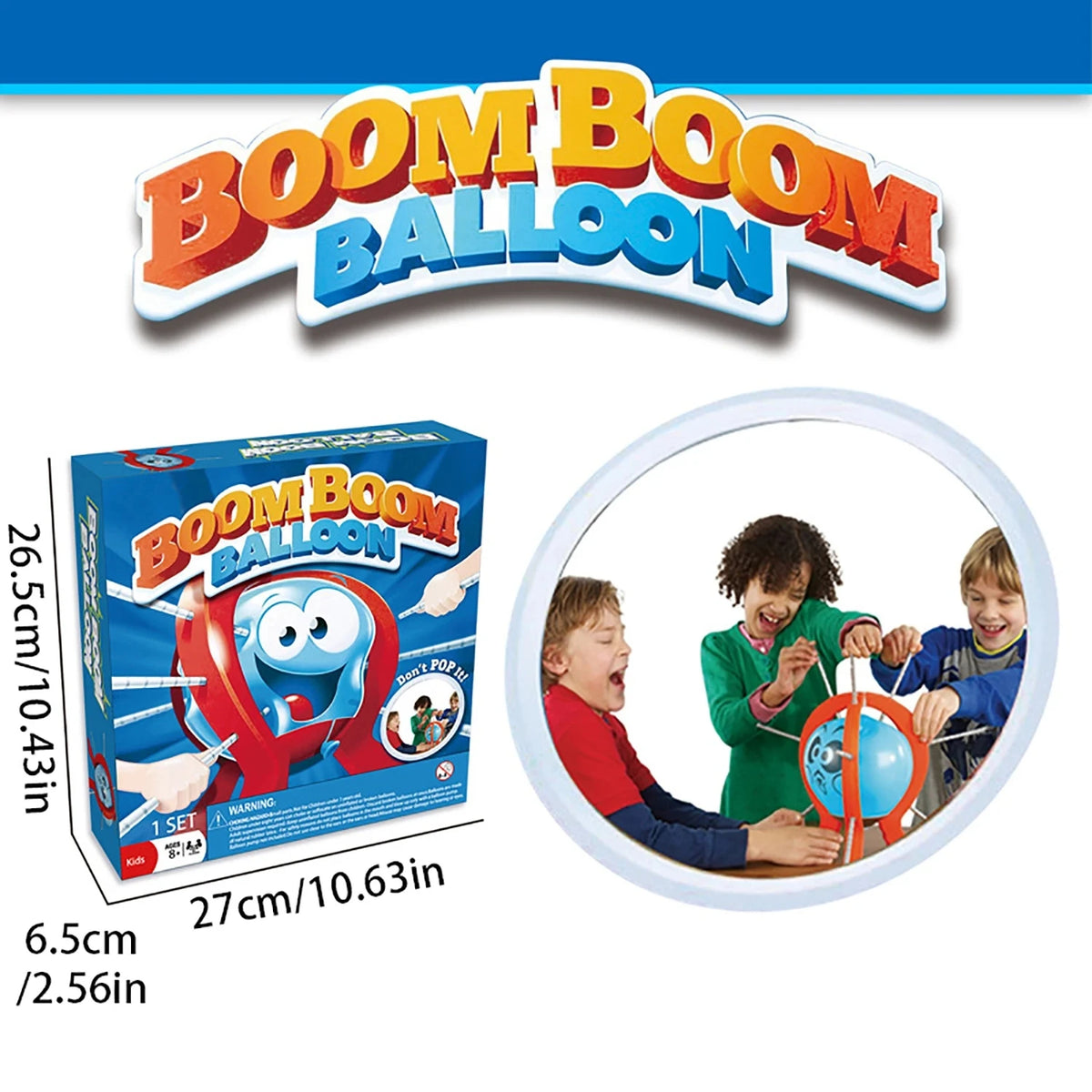 A box of Boom Boom Balloon party game with a colorful logo and an illustration of people playing.