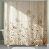 Beige floral waterproof shower curtain featuring a botanical design with soft beige and brown tones.