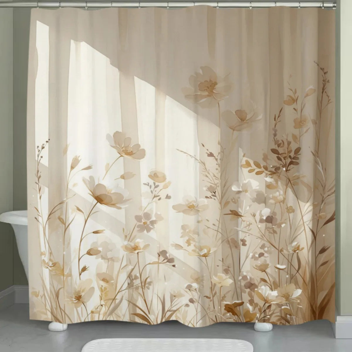 Beige floral waterproof shower curtain featuring a botanical design with soft beige and brown tones.
