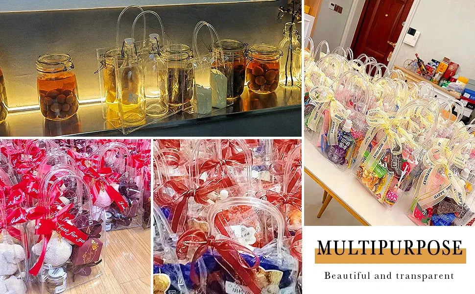 A display of transparent PVC gift tote bags with hand loops in various colors and patterns.
