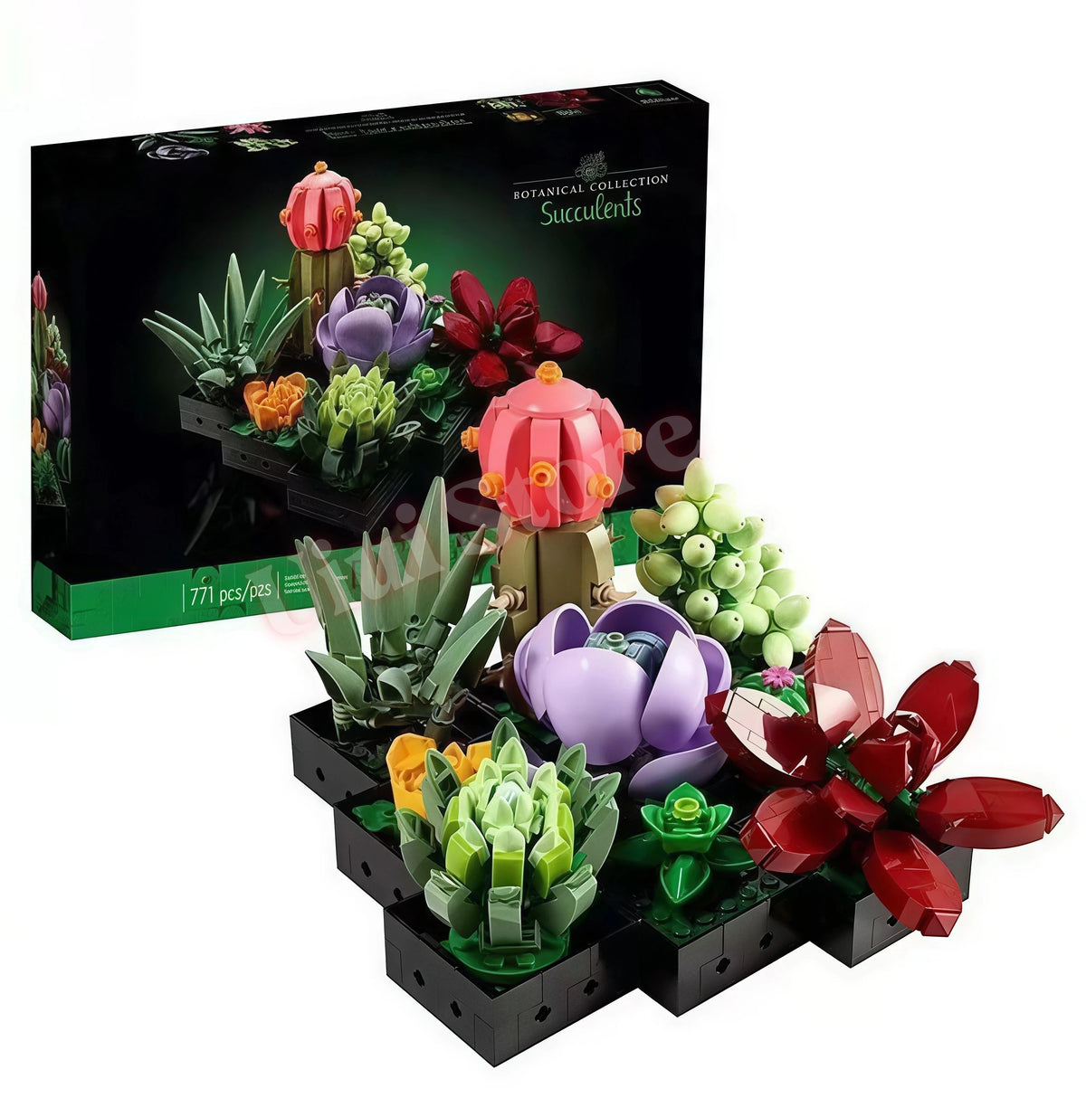 A box set of botanical building blocks featuring artificial succulent flowers and decorative pots.