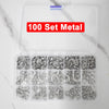 A clear plastic container holding 100 sets of metal snap buttons for clothing, bags, and DIY crafts.