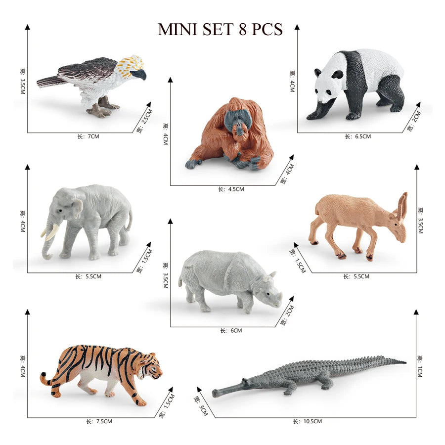 Mini set of 8 realistic animal figurines including an elephant, tiger, dinosaur, and others for kids.