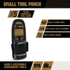 A black and tan small tool pouch featuring multiple pockets, tool loops, and a metal belt clip attachment.