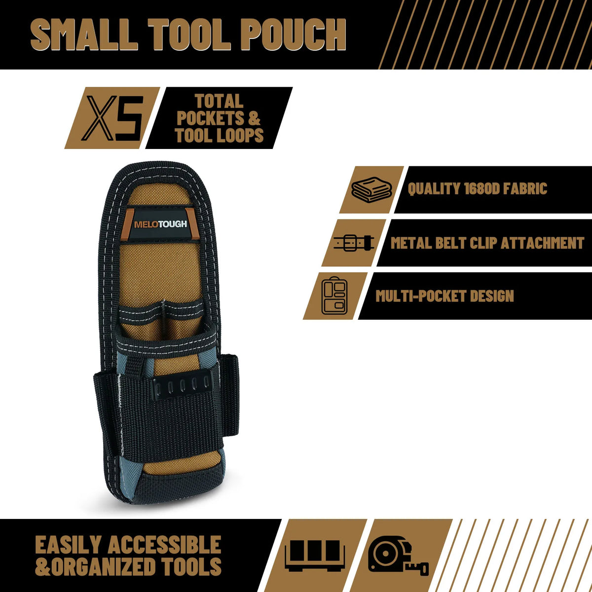 A black and tan small tool pouch featuring multiple pockets, tool loops, and a metal belt clip attachment.