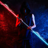 A person wielding a dual lightsaber, one red and one blue, against a dark, textured background.