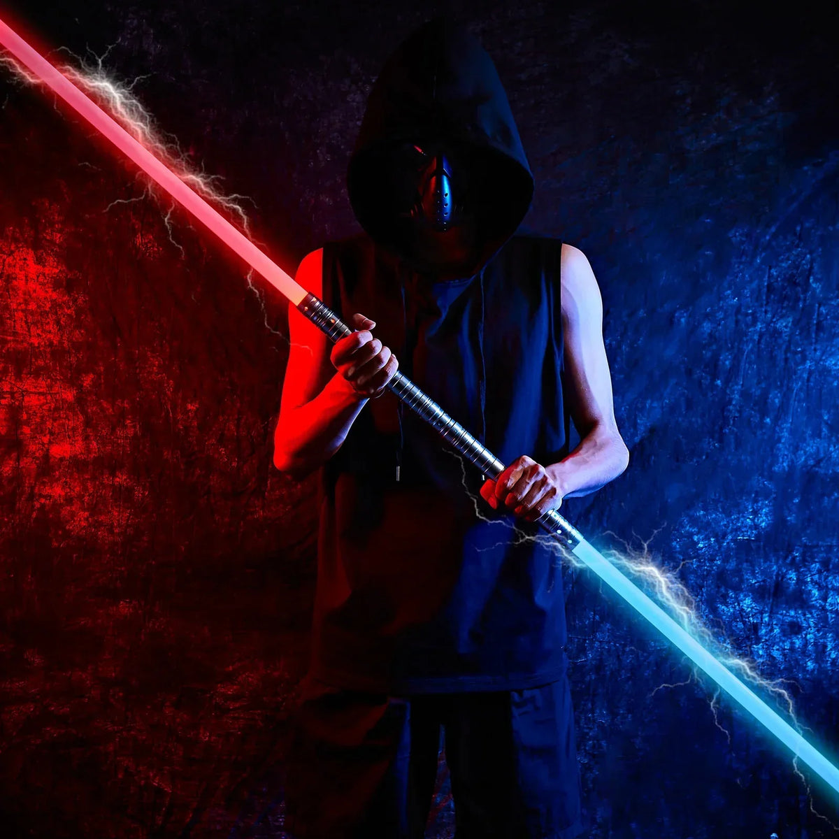 A person wielding a dual lightsaber, one red and one blue, against a dark, textured background.