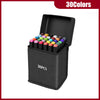 A black storage case containing 30 alcohol art markers in various colors and a lid.