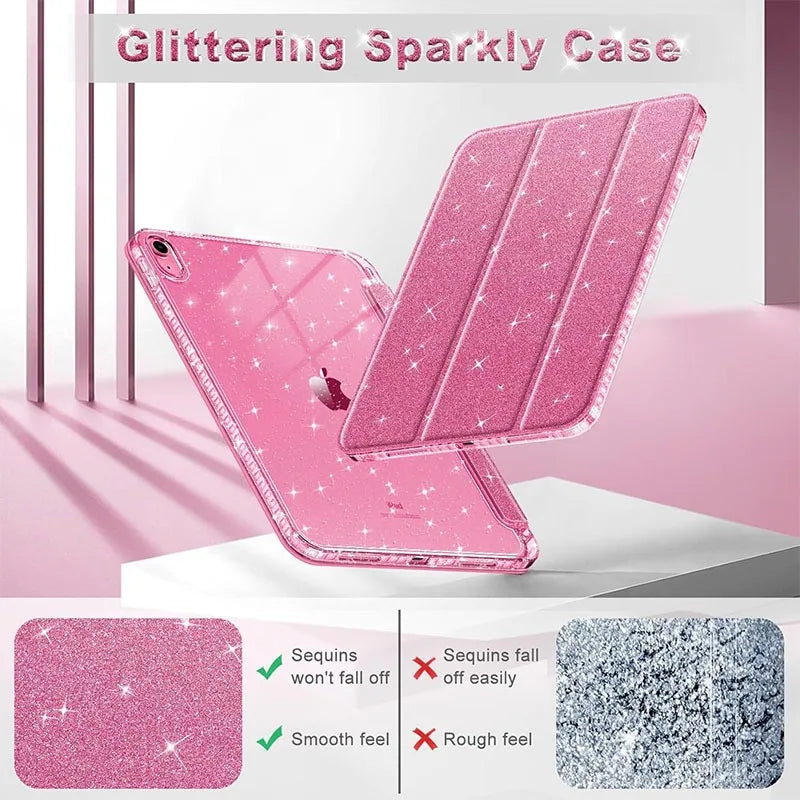 Coque protectrice pailletée rose et scintillante pour iPad, gros plans sur la texture et la finition.