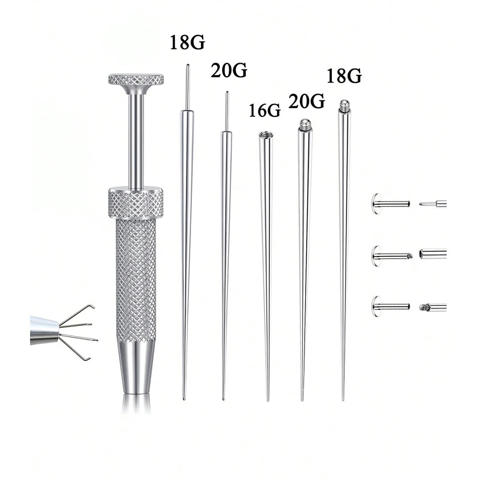 Stainless steel piercing ball grabber tool kit showing various gauge needles and tools