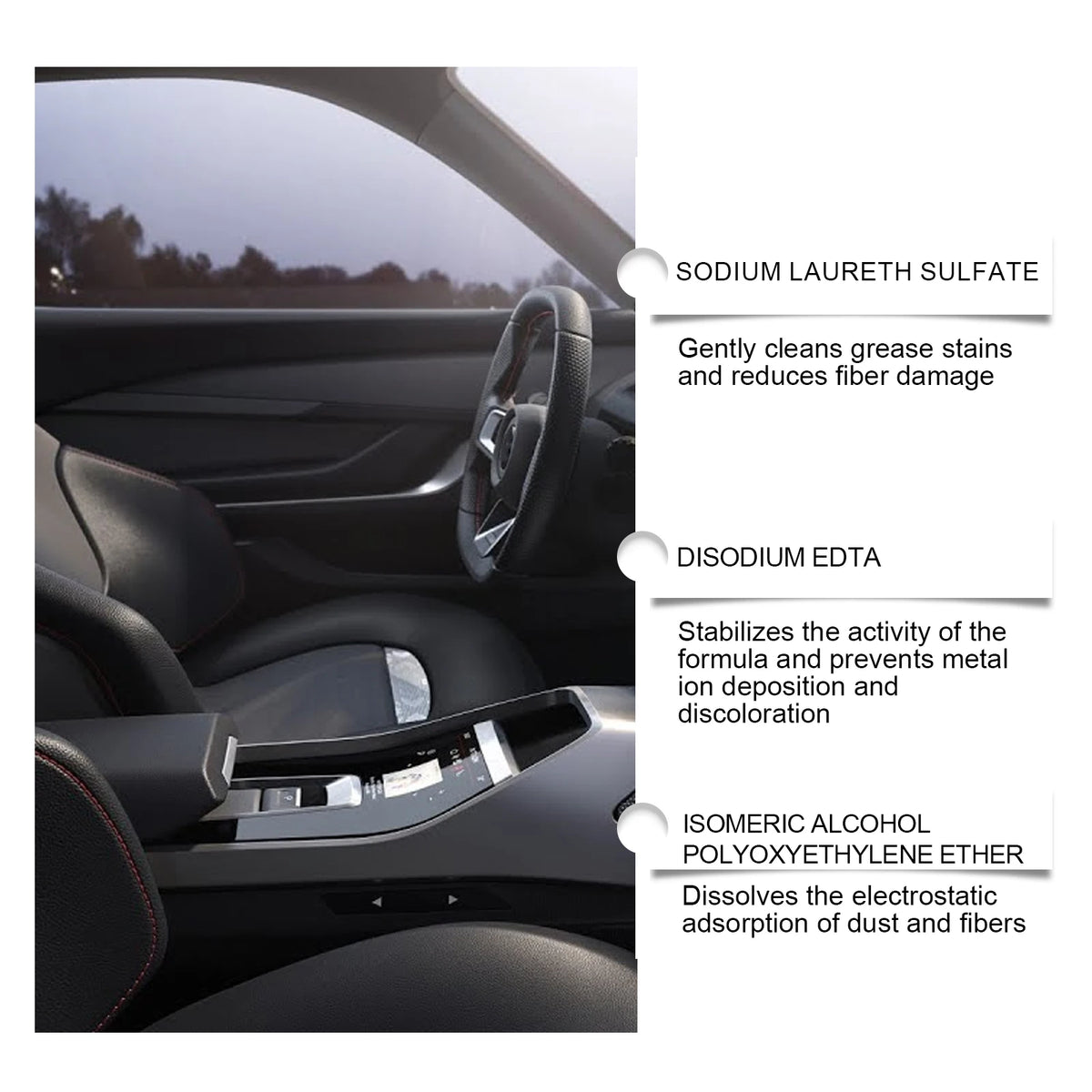 A close-up view of a car interior cleaner product with ingredients listed, showing various components for cleaning and stain 