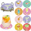 A set of diamond painting coasters featuring various colorful drink designs with a metal holder.