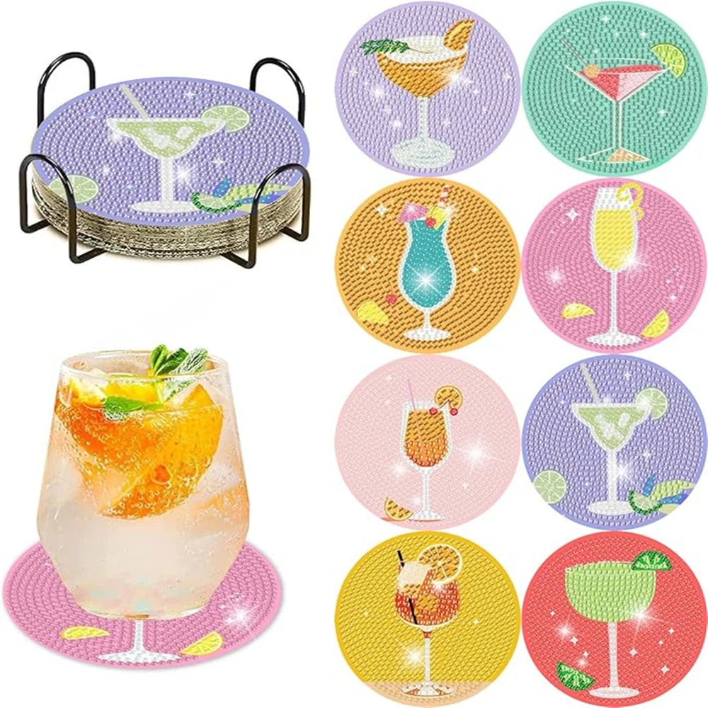 A set of diamond painting coasters featuring various colorful drink designs with a metal holder.