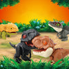 A collection of mini finger dinosaur toys featuring various colorful and textured tyrannosaurus figurines set against a vibra