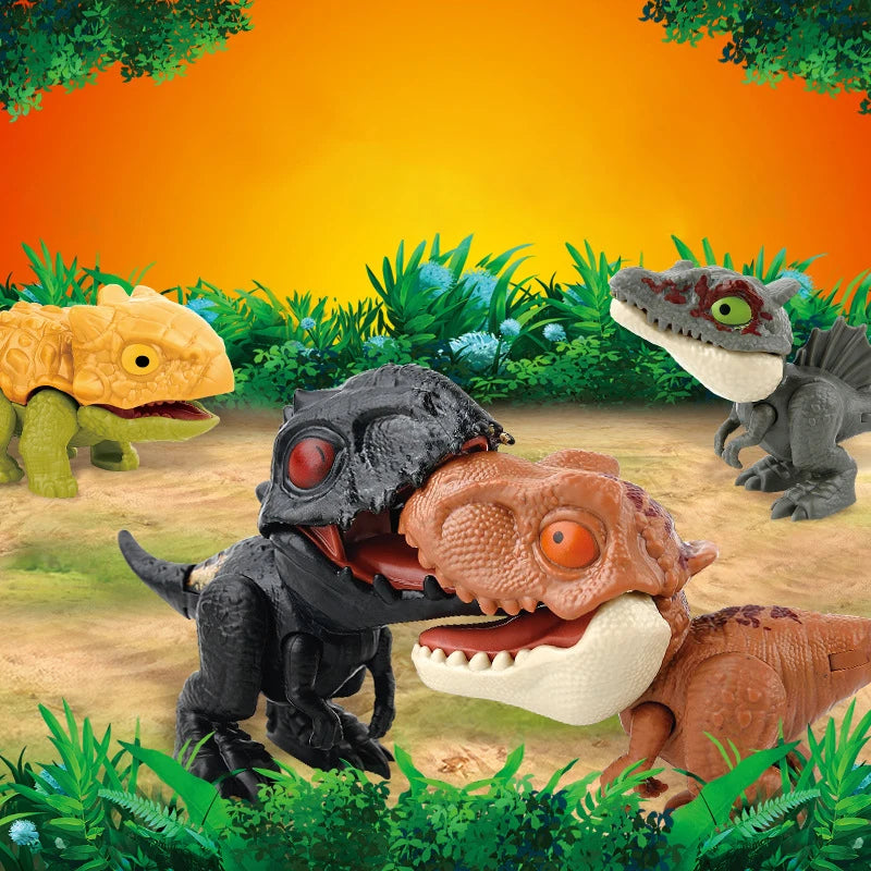 A collection of mini finger dinosaur toys featuring various colorful and textured tyrannosaurus figurines set against a vibra