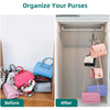 Before and after comparison showing a rotatable 3-layer hanging organizer for organizing purses in a drawer.