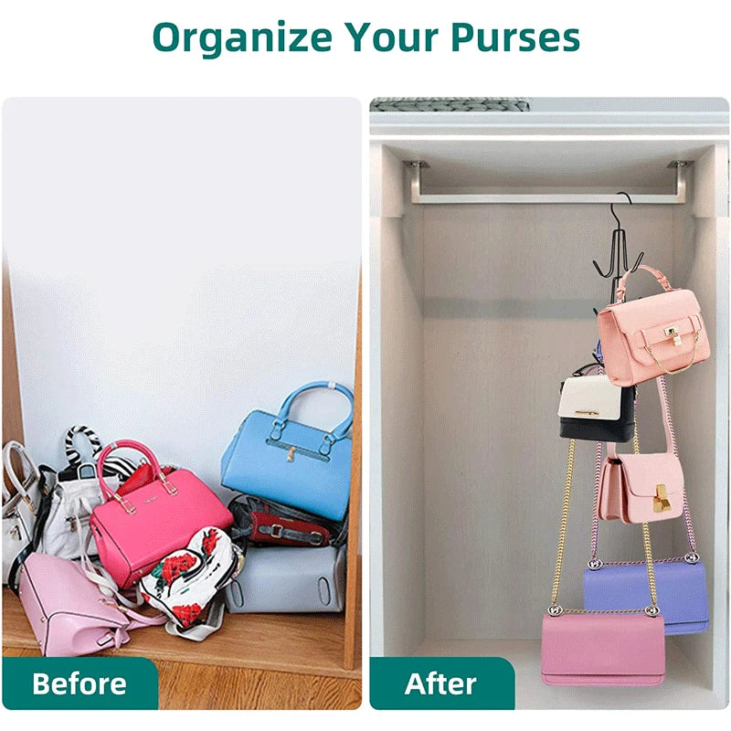 Before and after comparison showing a rotatable 3-layer hanging organizer for organizing purses in a drawer.