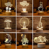 A collection of 9 illuminated 3D illusion LED night light lamps featuring various shapes and designs on wooden surfaces.