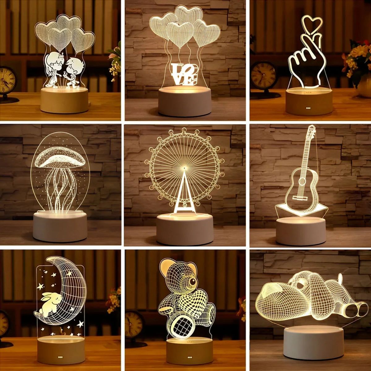 A collection of 9 illuminated 3D illusion LED night light lamps featuring various shapes and designs on wooden surfaces.
