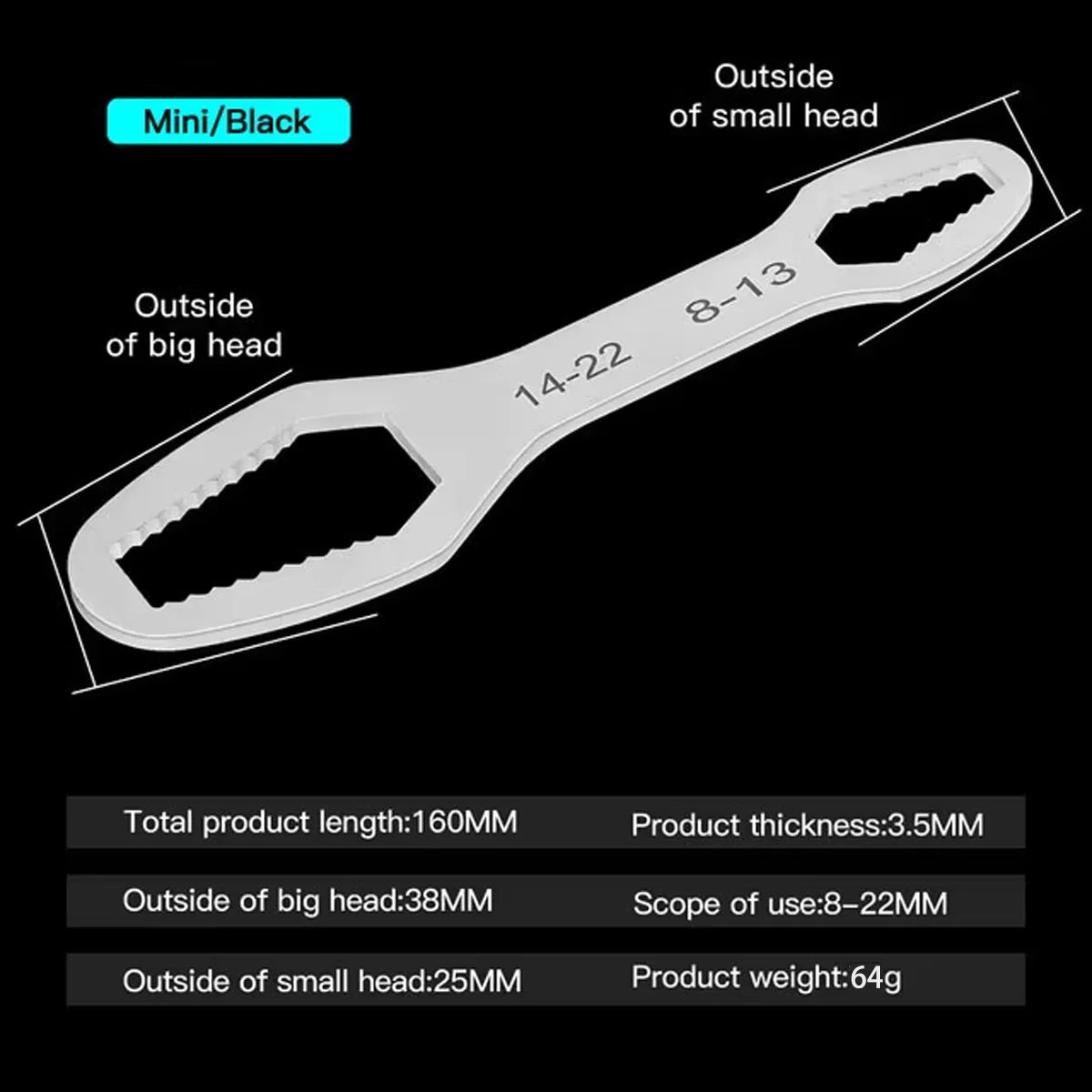 Self-Tightening Universal Wrench Set with Dual Heads