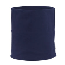 Navy blue cozy cotton blend neck warmer scarf rolled into a cylinder.