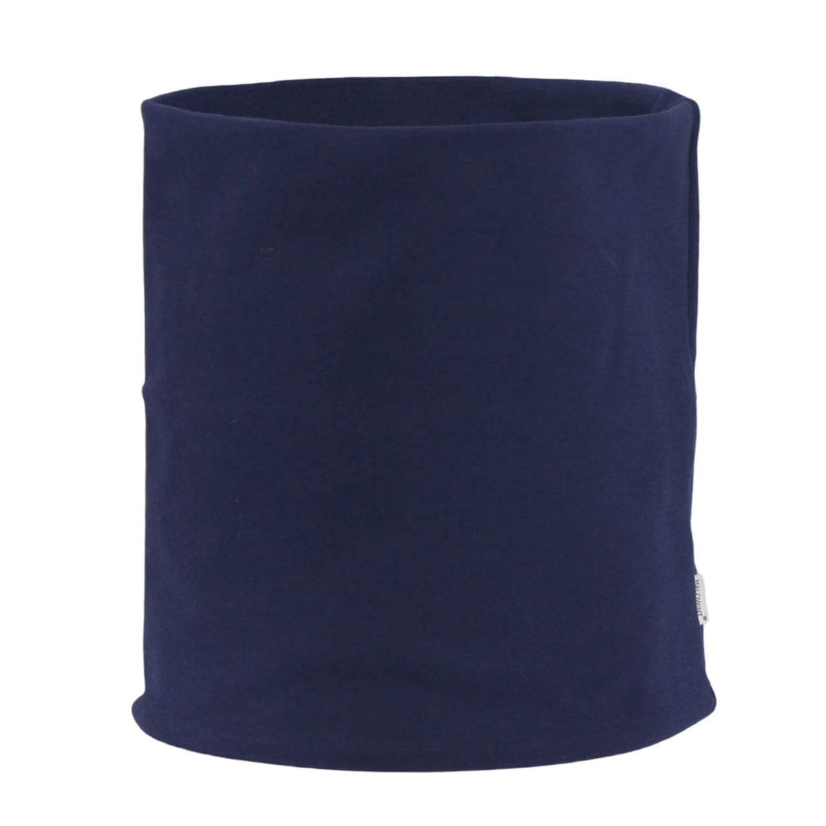 Navy blue cozy cotton blend neck warmer scarf rolled into a cylinder.