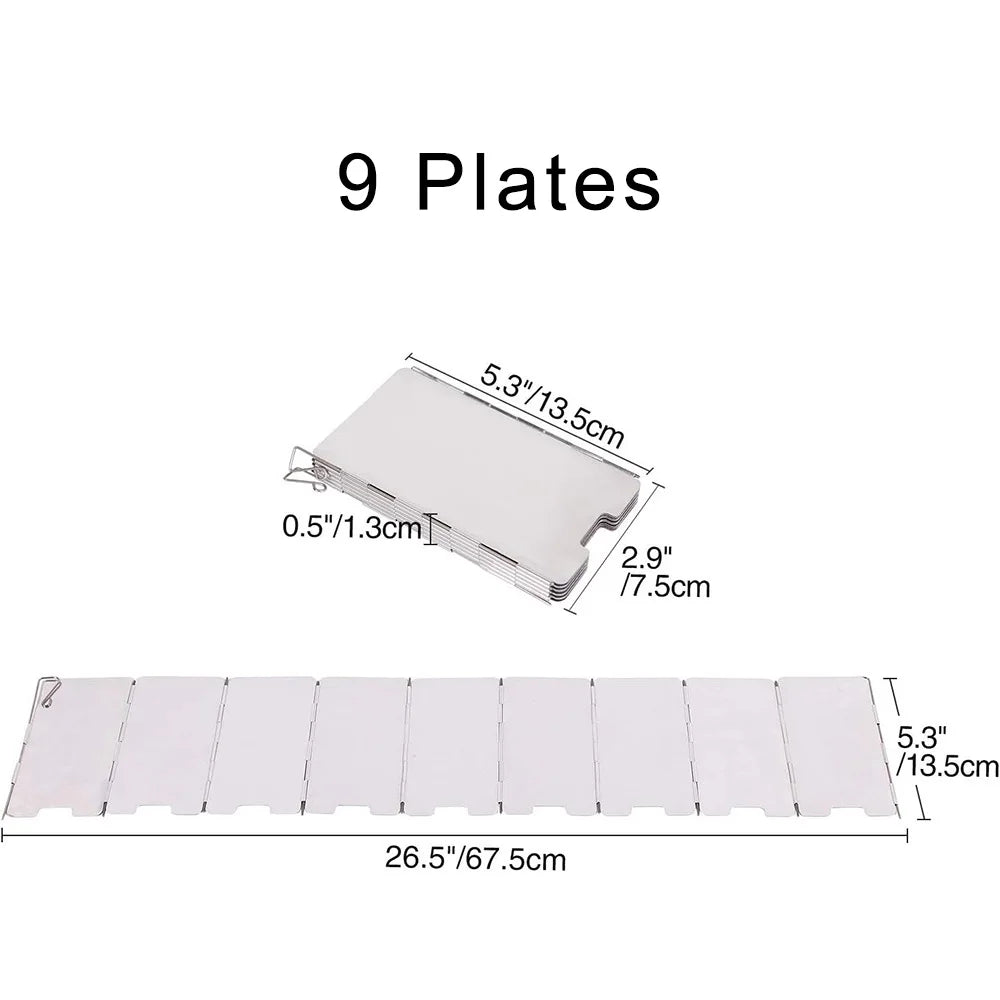 Nine rectangular aluminum plates for an adjustable camping stove windscreen
