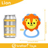 A yellow lion-themed rattle toy for sensory development with a silver aluminum can reference size shown.