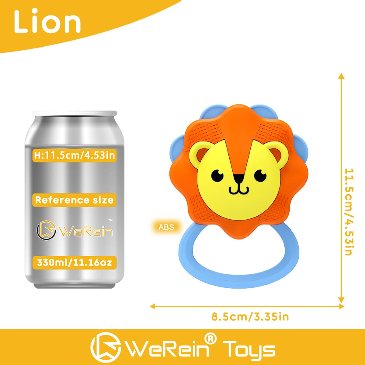 A yellow lion-themed rattle toy for sensory development with a silver aluminum can reference size shown.