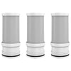 Three cylindrical gray faucet water filter replacement cartridges with white caps.