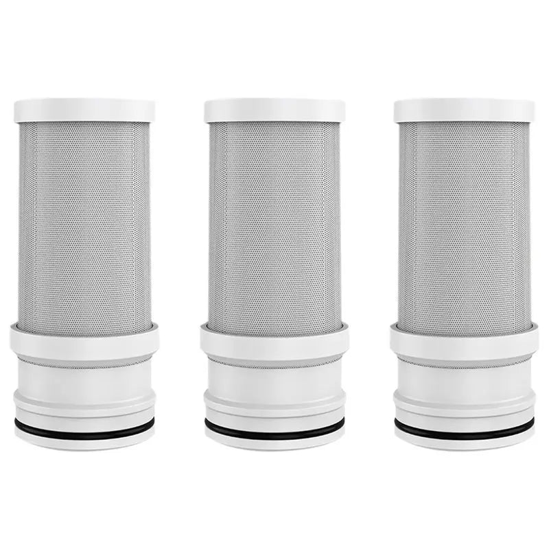 Three cylindrical gray faucet water filter replacement cartridges with white caps.