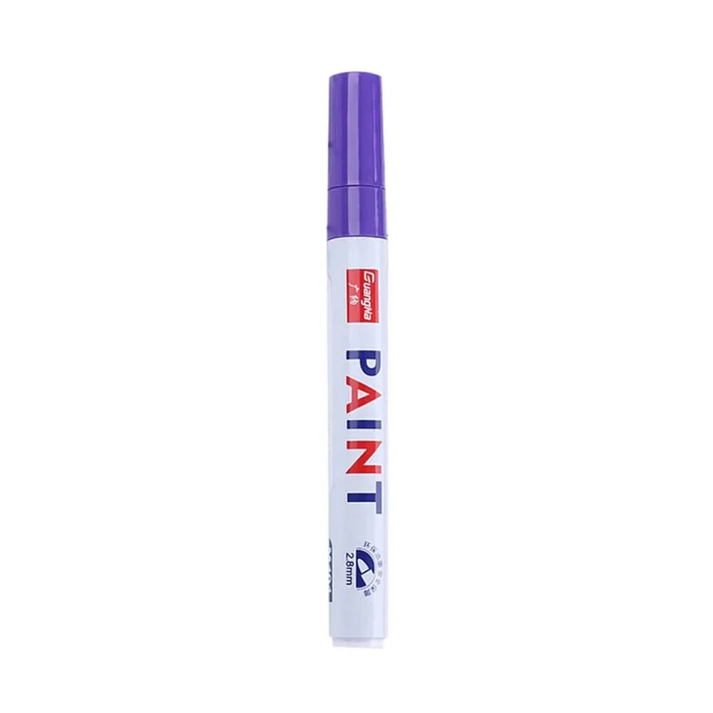 A purple permanent paint marker pen with a white barrel and silver cap.