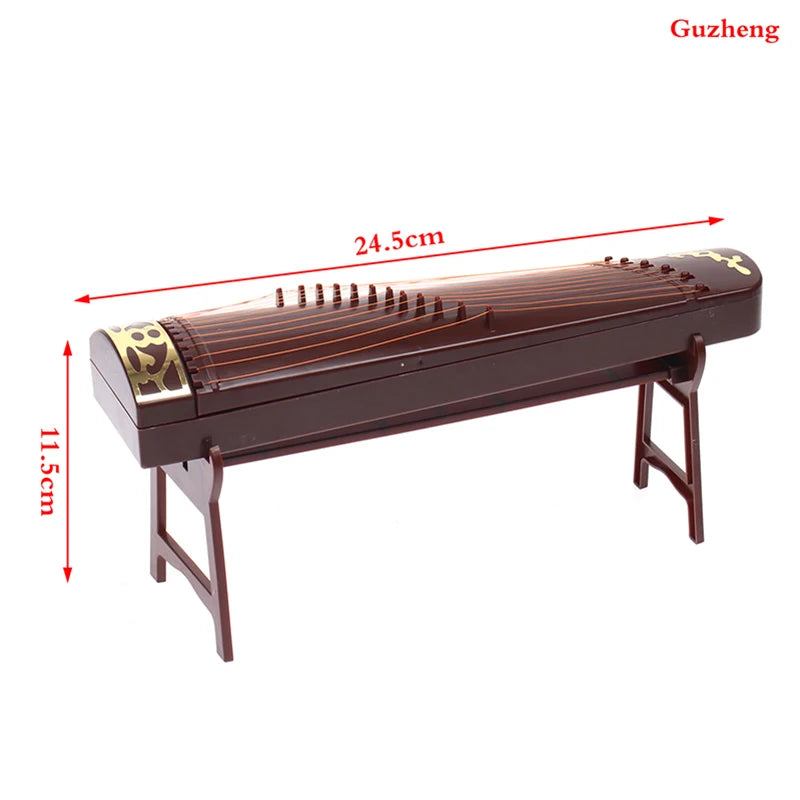 A miniature 1:12 scale dollhouse piano with a bench, brown and gold, used as musical instrument decor.