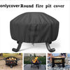 Black round fire pit cover with legs shown in outdoor settings.
