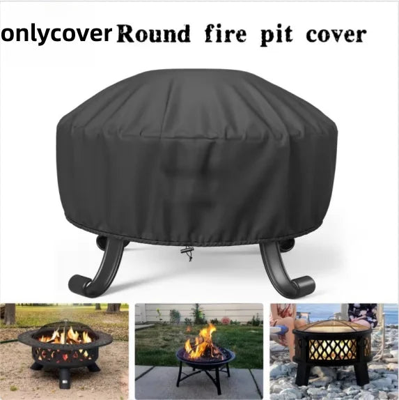 Black round fire pit cover with legs shown in outdoor settings.