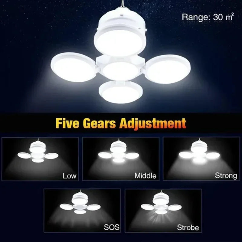 A white LED light fixture with five gears adjustment options shown in various brightness levels.