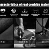 Image showing characteristics of cowhide material, including comfortable protection, waterproof and heat resistance, and easy