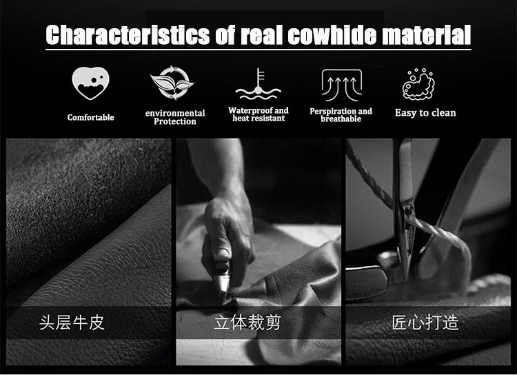 Image showing characteristics of cowhide material, including comfortable protection, waterproof and heat resistance, and easy