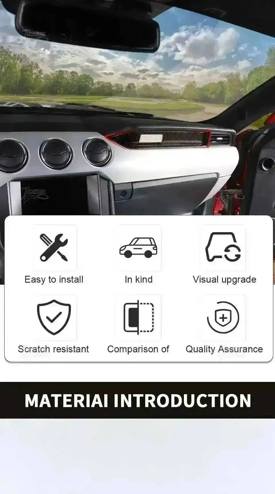 Close-up view of a carbon fiber grain decorative trim kit installed on the interior dashboard of a Ford Mustang.
