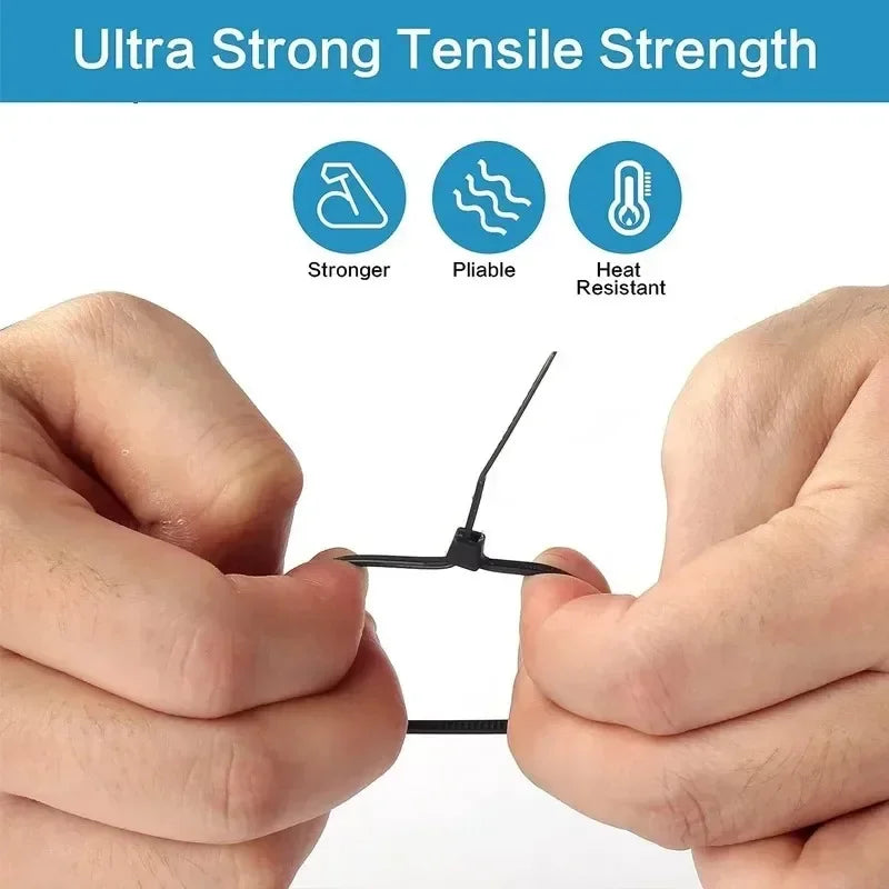 Hands demonstrate the ultra strong tensile strength of a black nylon self-locking cable tie.